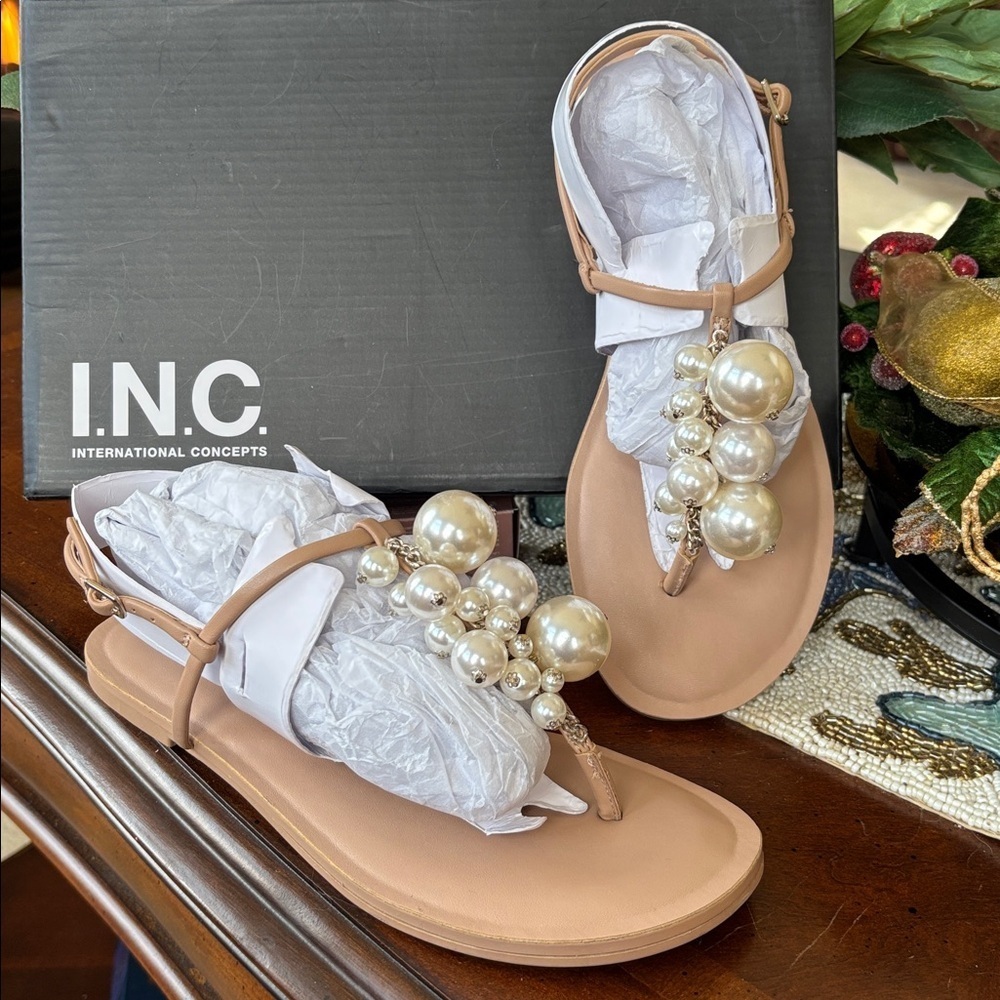 INC International Concepts Paeryn Flat Slingback Sandals Nude Pearl Beaded Macys